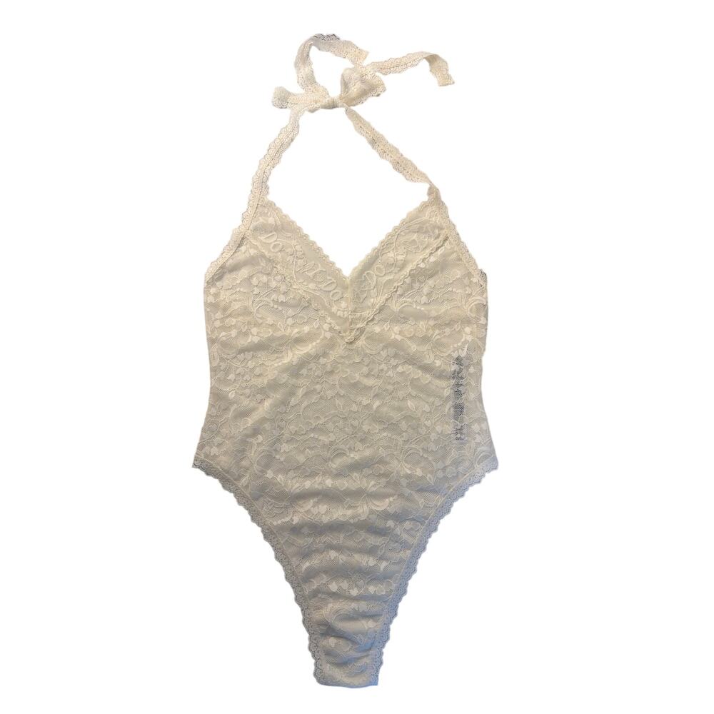 NWT Hanky Panky "I Do" Shimmer Halter White Lace Teddy | Size Medium